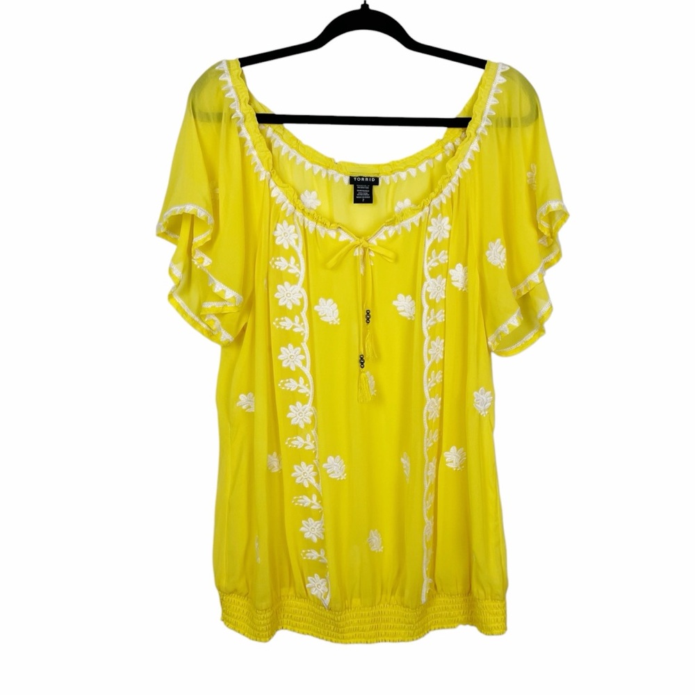 Torrid Bohemian Embroidered Top Yellow White Flutter Sleeve Size 2X